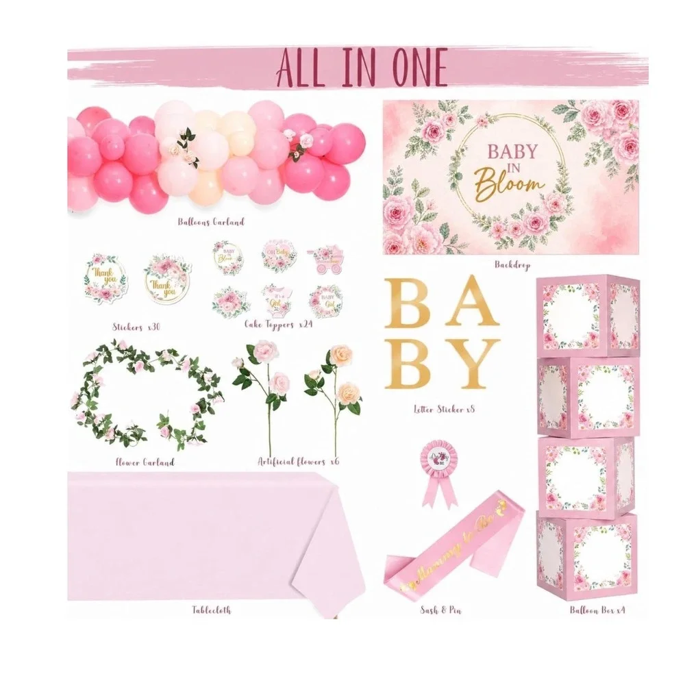 Baby in Bloom Shower Decoration Kit Pink Gold Floral Backdrop Balloon Box Set